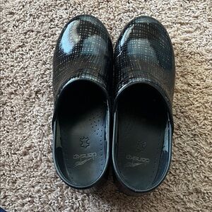 Dansko Patterned Black and Gray Clogs